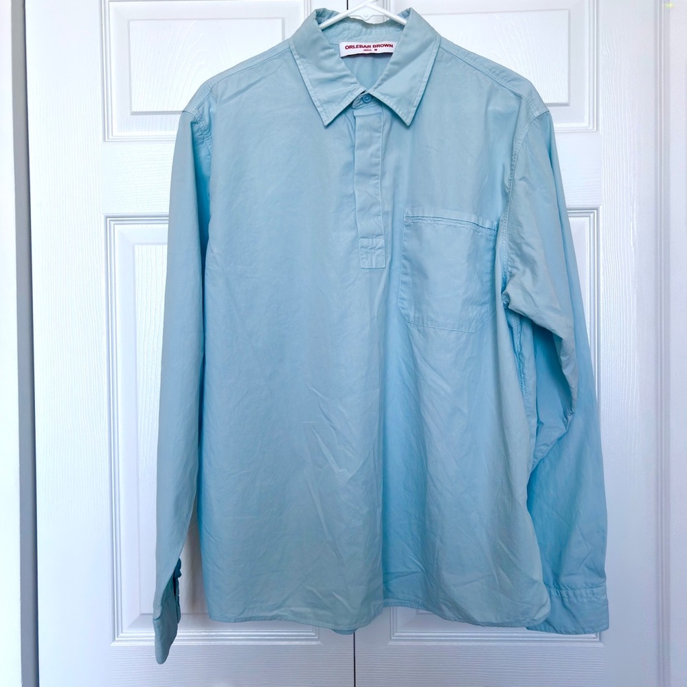 NEW Orlebar Brown Blue Long Sleeve Collared Pullover Canvas Shirt Size M NWOT